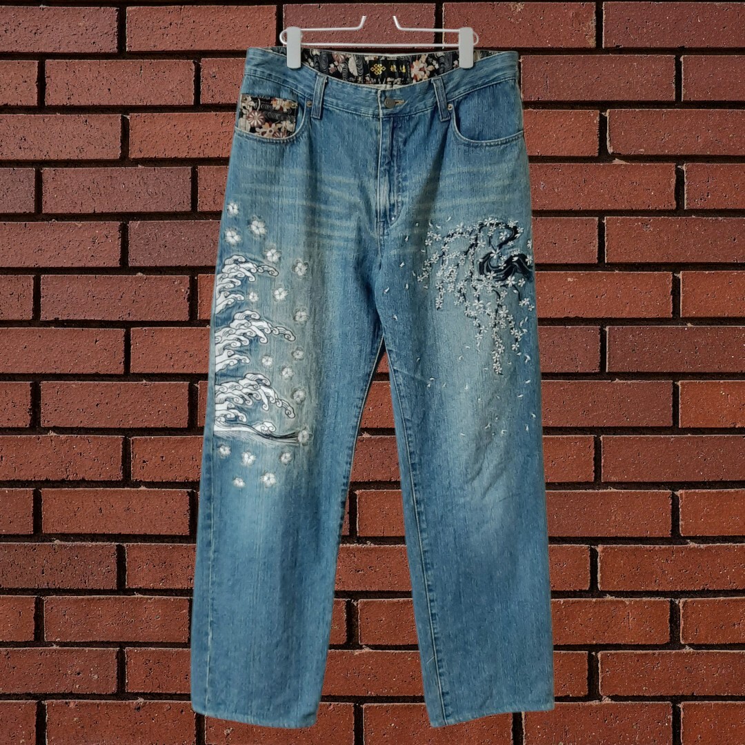 雅結 みやびむすび 流儀圧搾 和柄デニムパンツ ジーンズ XL 桜 波拍卖