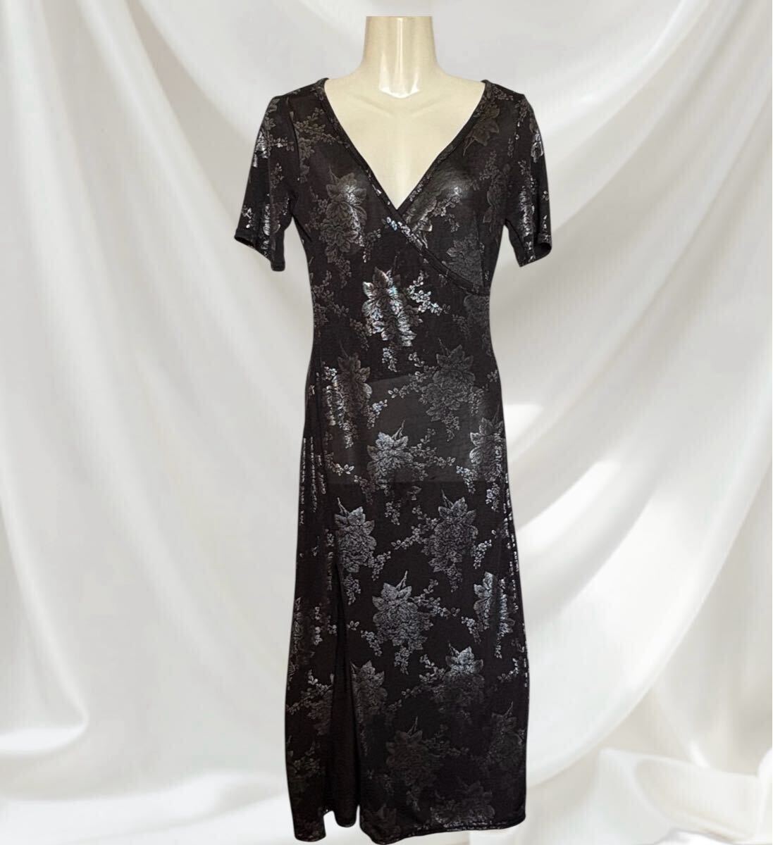 深Vネック裾スリット透けロングワンピース ナイトドレス キャバドレス キャバワンピ セクシードレス拍卖