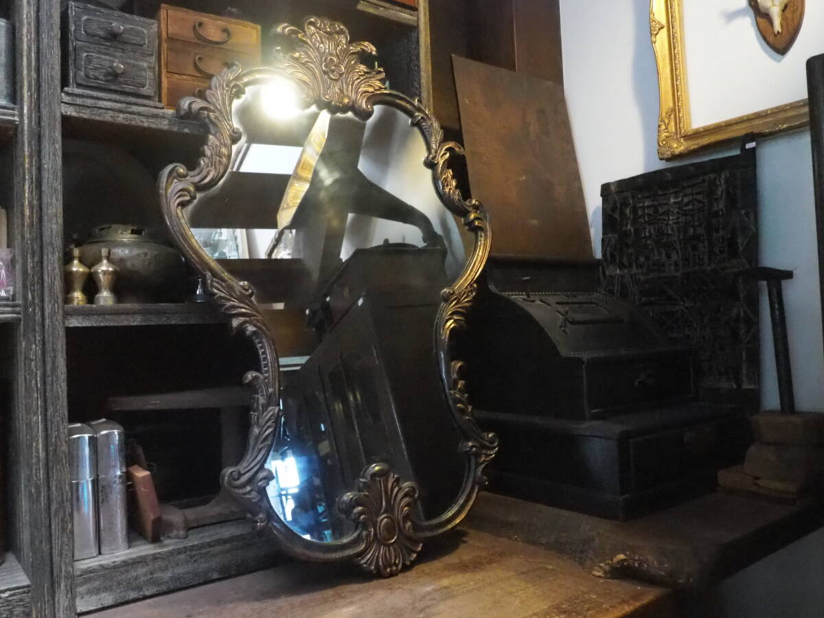 【フランス蚤の市ブロンズフレーム鏡87×57㎝】ウォールミラー古道具アンティーク額縁ドレッサー木枠インテリア壁面鏡台洗面所トイレ拍卖
