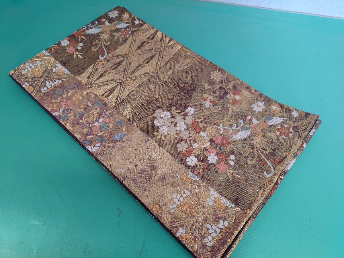 ● 87 高級 袋帯 雅 煌 金彩 花鳥 鳳凰 桐 桜 カラフル 刺繍 唐織 模様 文様 六通 帯 中古 ③拍卖