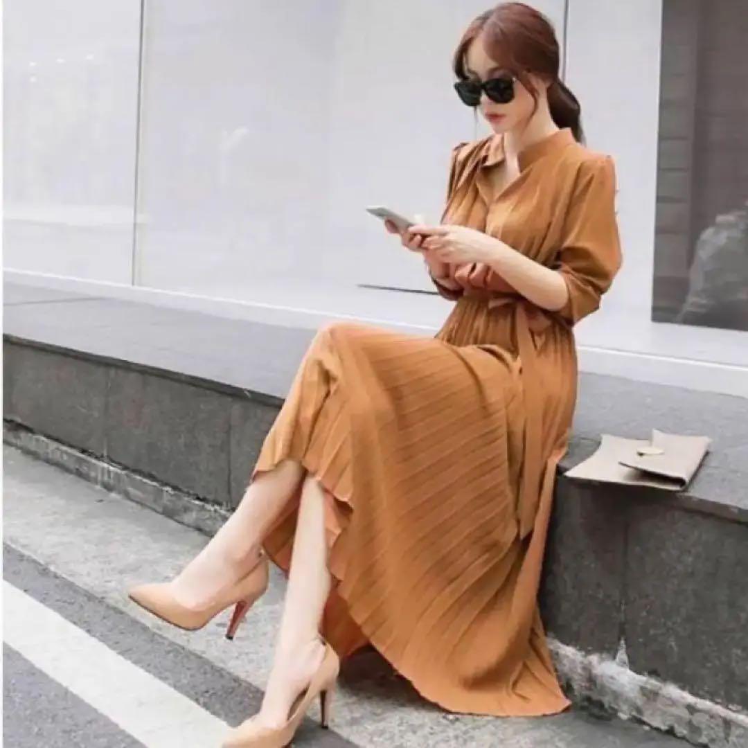 【新品】シフォン プリーツ ロングワンピース キャメル 長袖 Mサイズ おしゃれ オフィス 人気拍卖