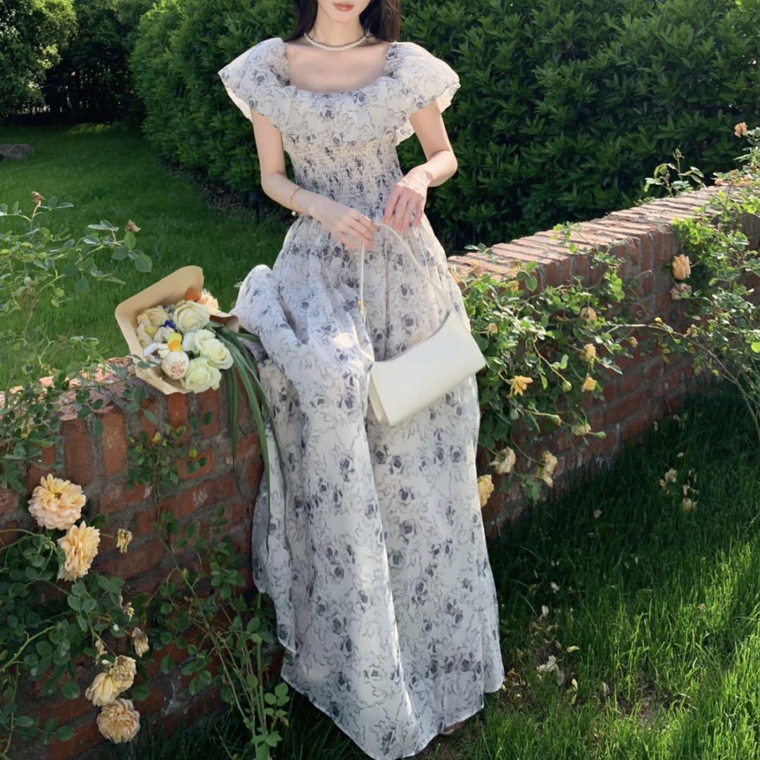 【新品】3way ワンピースドレス オフショルダー ワンショルダー 花柄 フリル ドレス おしゃれ ふんわり かわいい マキシ拍卖