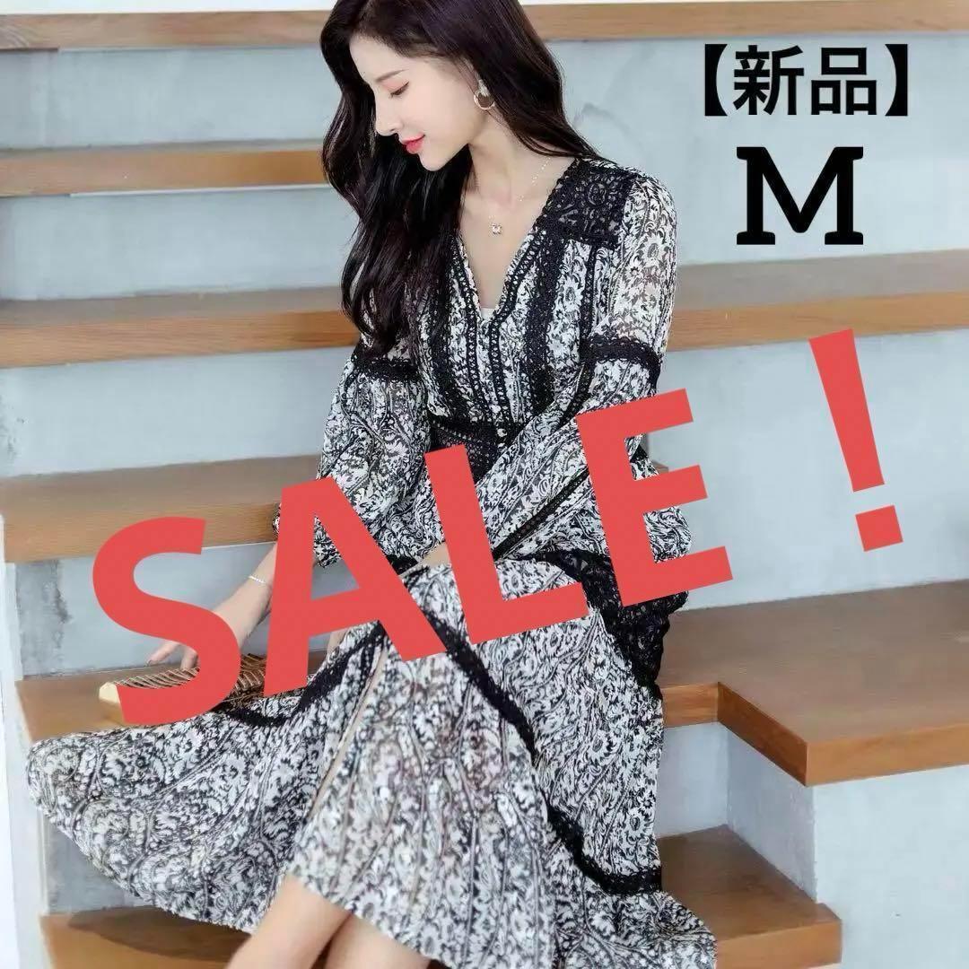 ドレス ワンピース Vネック レース シフォン ロング モノトーン 長袖 上品 ロングワンピース 涼しい おしゃれ 個性的拍卖