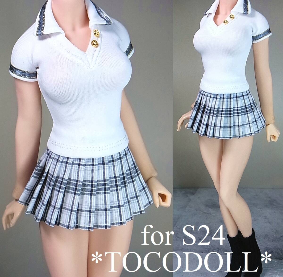 *toco*Phicen/TBLeague用 S24 制服セット スキッパー/ポロシャツ風 金ボタン/ブルーグレイ チェック拍卖