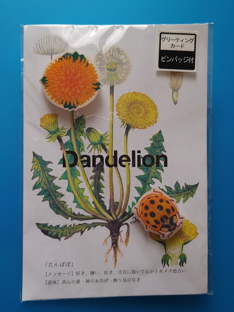 花言葉ピンバッジ(タンポポ) 定価税込1404円 2018年頃購入 ポストカードにお花のイラストと花言葉 お花と天道虫のピンバッジ 拍卖