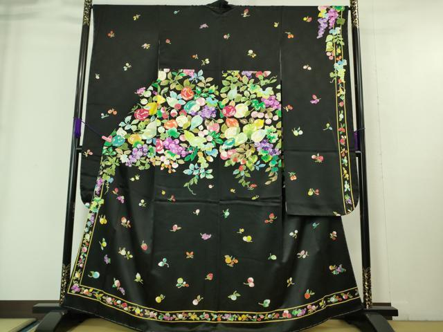 平和屋本店■極上 振袖 希少柄 果物 フルーツ 葡萄 リンゴ 苺 さくらんぼ 黒地 金彩 逸品 未使用 DZAA6685kh5拍卖