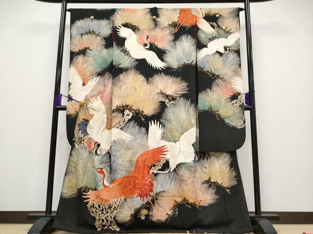 平和屋本店■極上 アンティーク 大正ロマン 中国三大刺繍 相良刺繍 振袖 飛鶴松葉文 黒地 金彩 逸品 CYAA2000s5拍卖