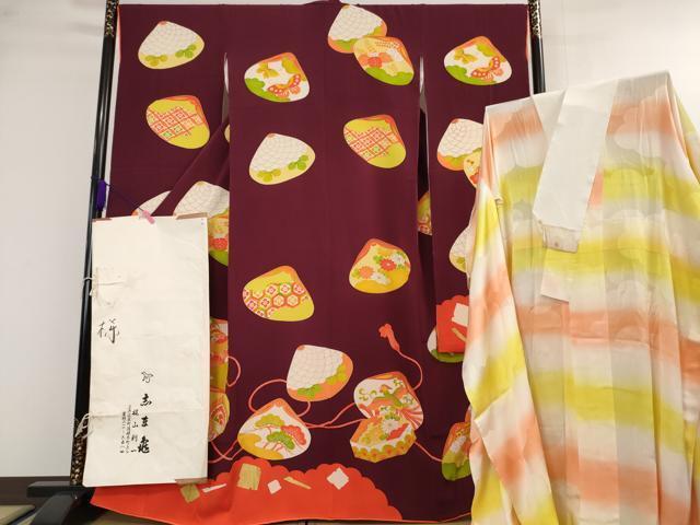 平和屋本店■極上 銀座 志ま亀 振袖・長襦袢(無双仕立て)セット 貝合わせ 貝桶 葡萄色地 金彩 たとう紙付き 逸品 DZAA4537kh5拍卖