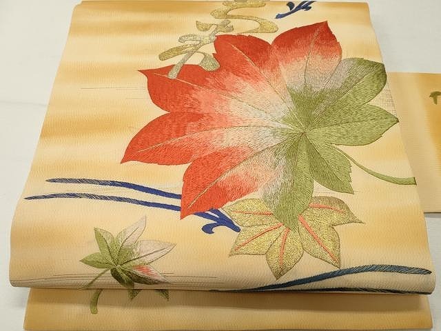 平和屋着物●アンティーク 大正ロマン 九寸名古屋帯 総刺繍 枝葉文 金糸 正絹 逸品 CAAU1035yk拍卖