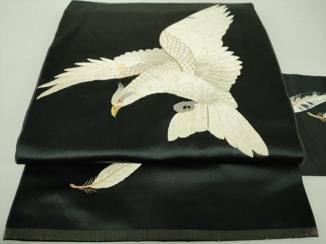 平和屋着物●アンティーク 大正ロマン 九寸名古屋帯 総刺繍 白鷹 黒地 金糸 正絹 逸品 DAAU5305ps拍卖