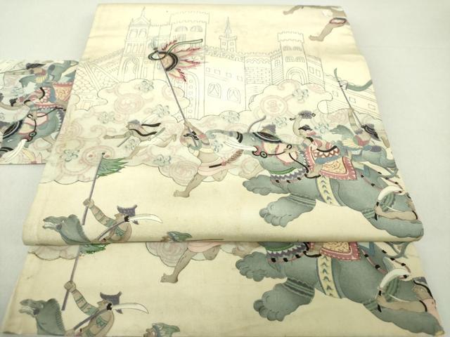 平和屋着物●アンティーク 大正ロマン 九寸名古屋帯 手描き 駒刺繍 異国人物狩猟風景 象 金糸 正絹 逸品 DAAU5307ps拍卖