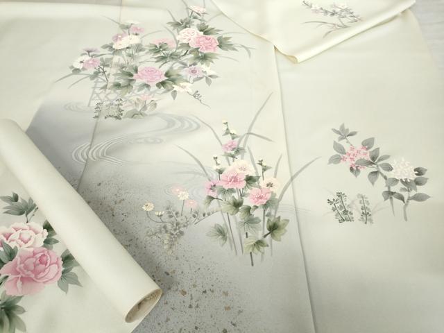 平和屋着物▼付下げ 反物 着尺 流水草花文 暈し染め 金銀彩 丹後ちりめん 上代29万8千円 正絹 逸品 未使用 AAAW5778ru拍卖