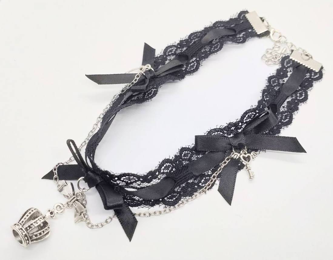 送料無料 クラウン チョーカー ブラック 王冠 レース レーシー フリル ネックレス ゴスロリ 病み系 スマアク拍卖