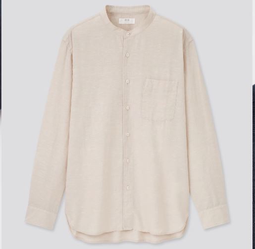 ユニクロ リネンコットンスタンドカラーシャツ 31ベージュ L 長袖 麻 シャツ バンドカラー ノーカラー 綿麻 春夏秋 UNIQLO拍卖