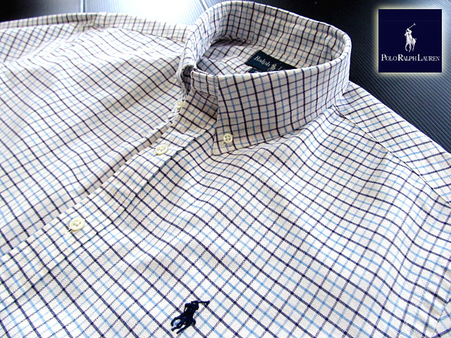 ★500円スタート!ラルフローレン RALPH LAUREN ボタンダウンシャツ 長袖 XLサイズ 希少品 ハンサムチェック ブルー×ブラック×ホワイト拍卖