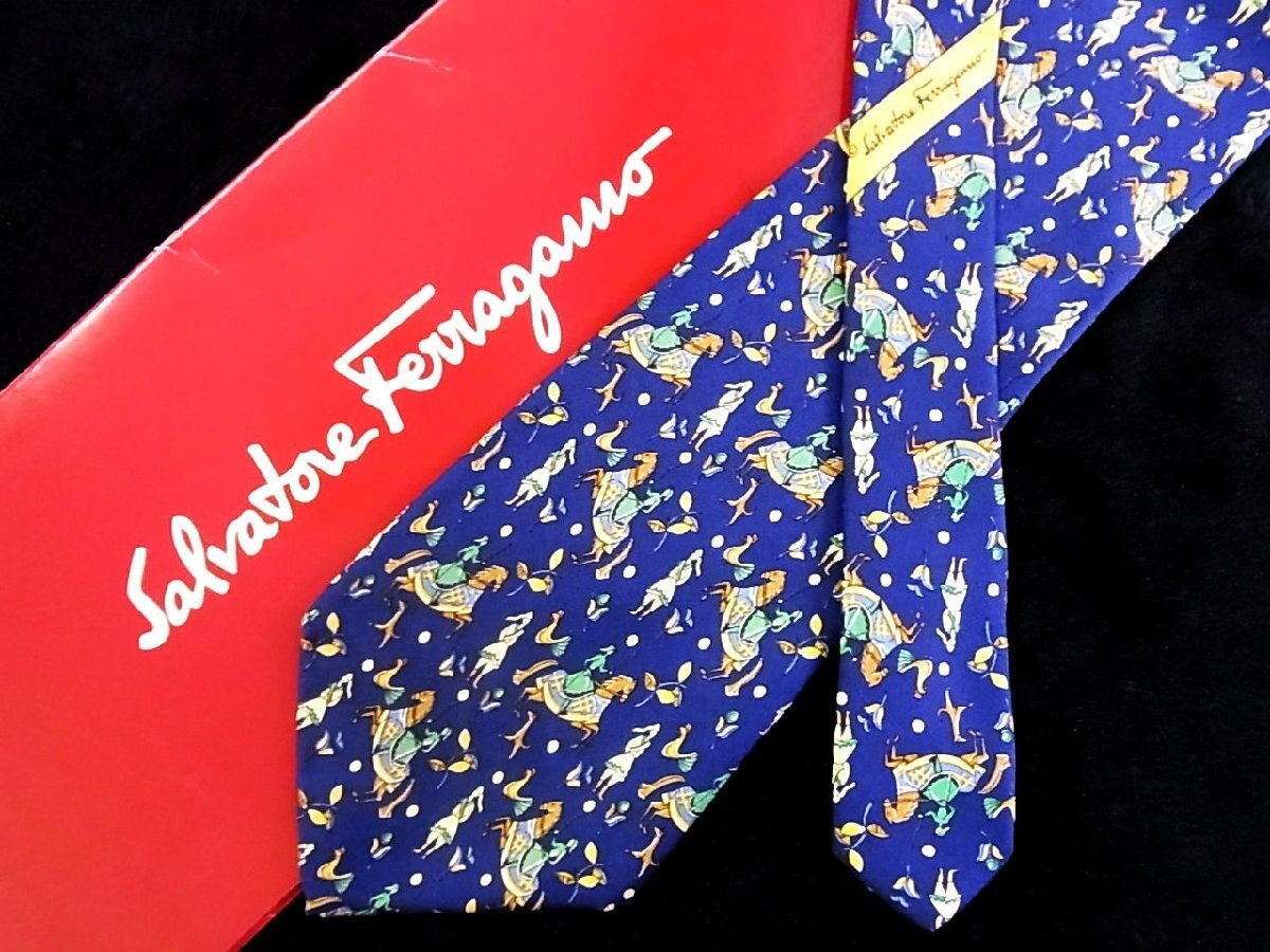 ♪今週の特売980円~♪2649♪状態並品【FERRAGAMO】フェラガモ【乗馬 ウマ 鶏 犬 動物 柄】ネクタイ♪拍卖