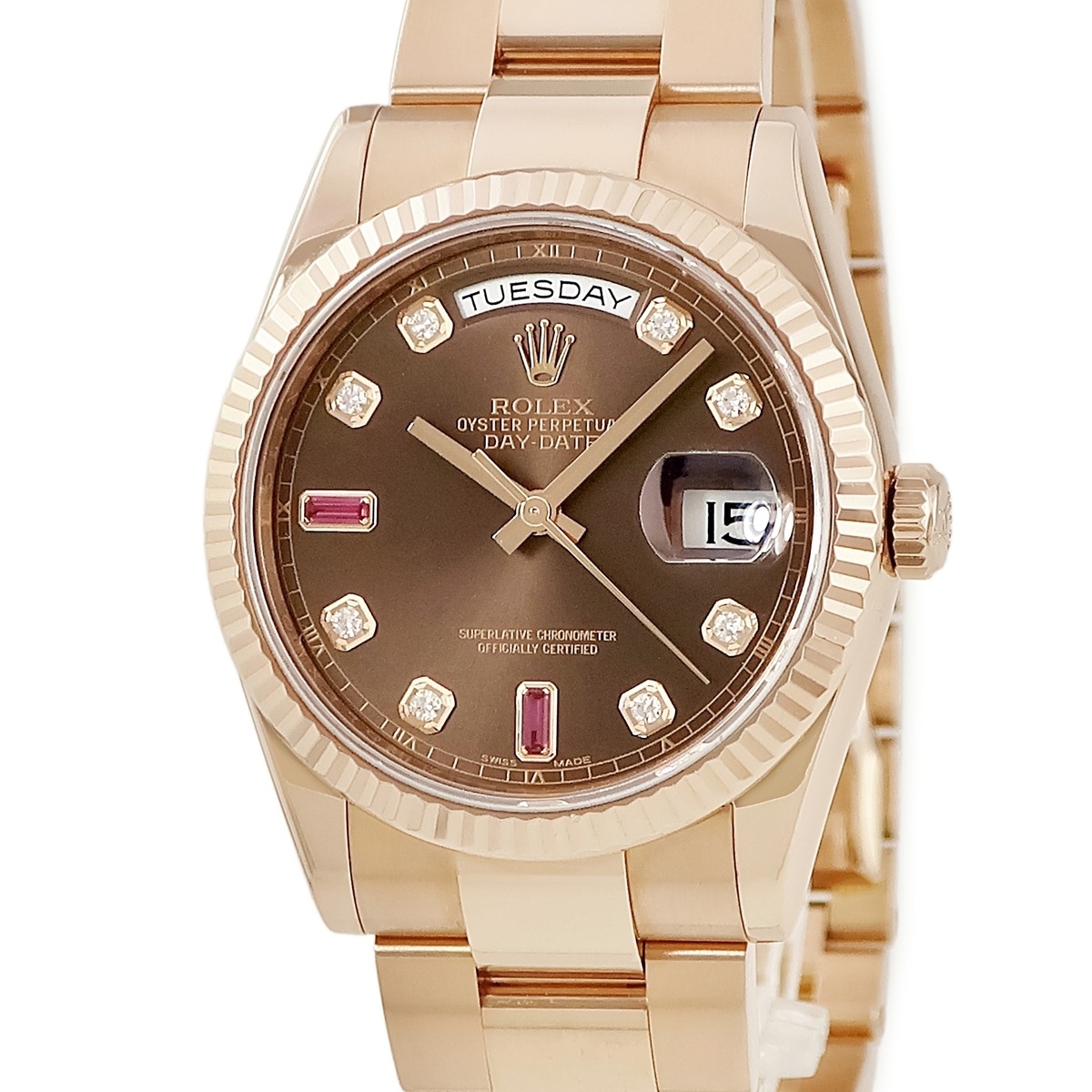 ロレックス デイデイト 118235FA ランダム番 K18RG無垢 純正ダイヤ 純正ルビー オイスターブレス 自動巻き拍卖