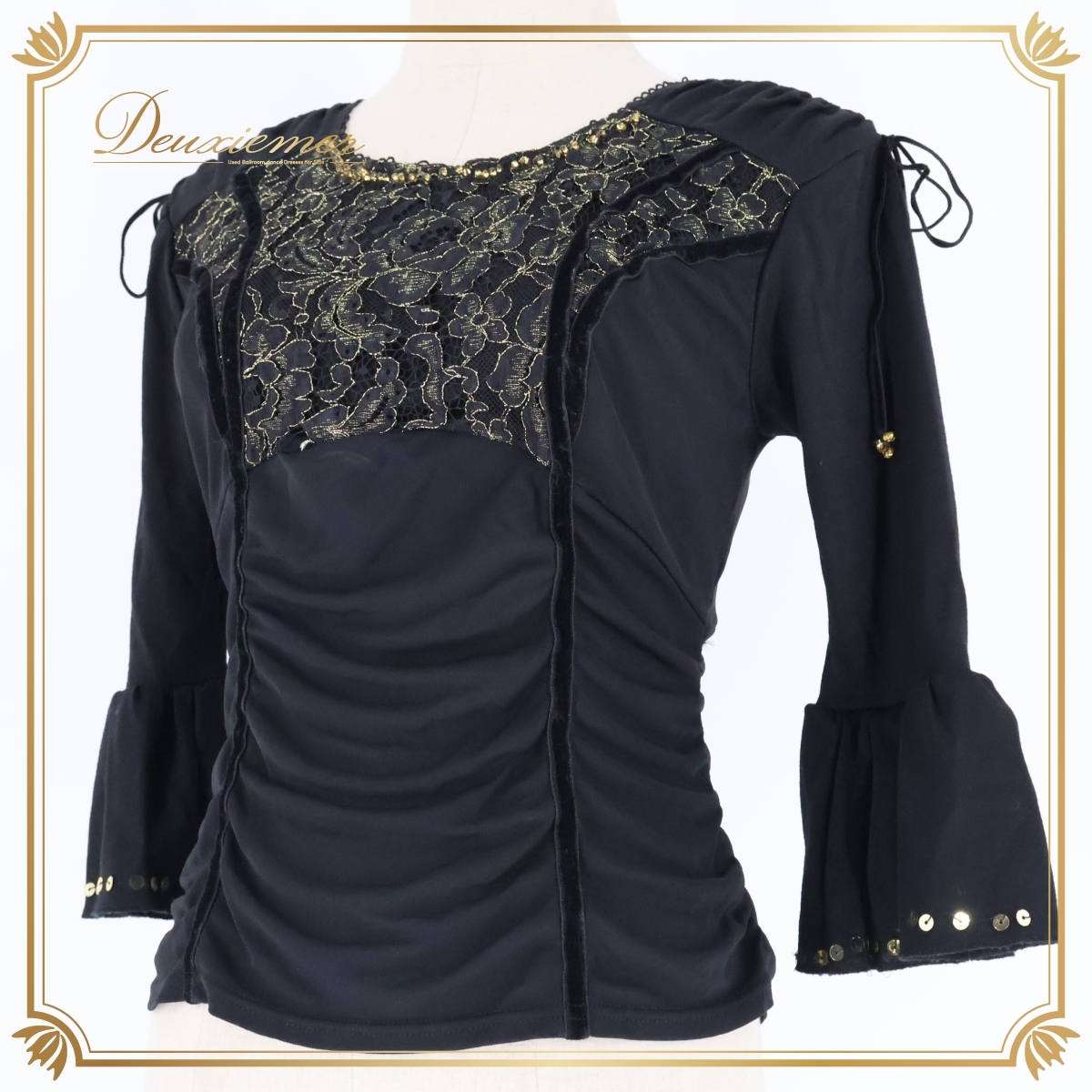 『送料無料』【日本製 社交ダンス衣装】ブラック系 Chacott チャコット ブラウス トップス 黒 金 リボン 花柄 レース 上品 レッスン拍卖