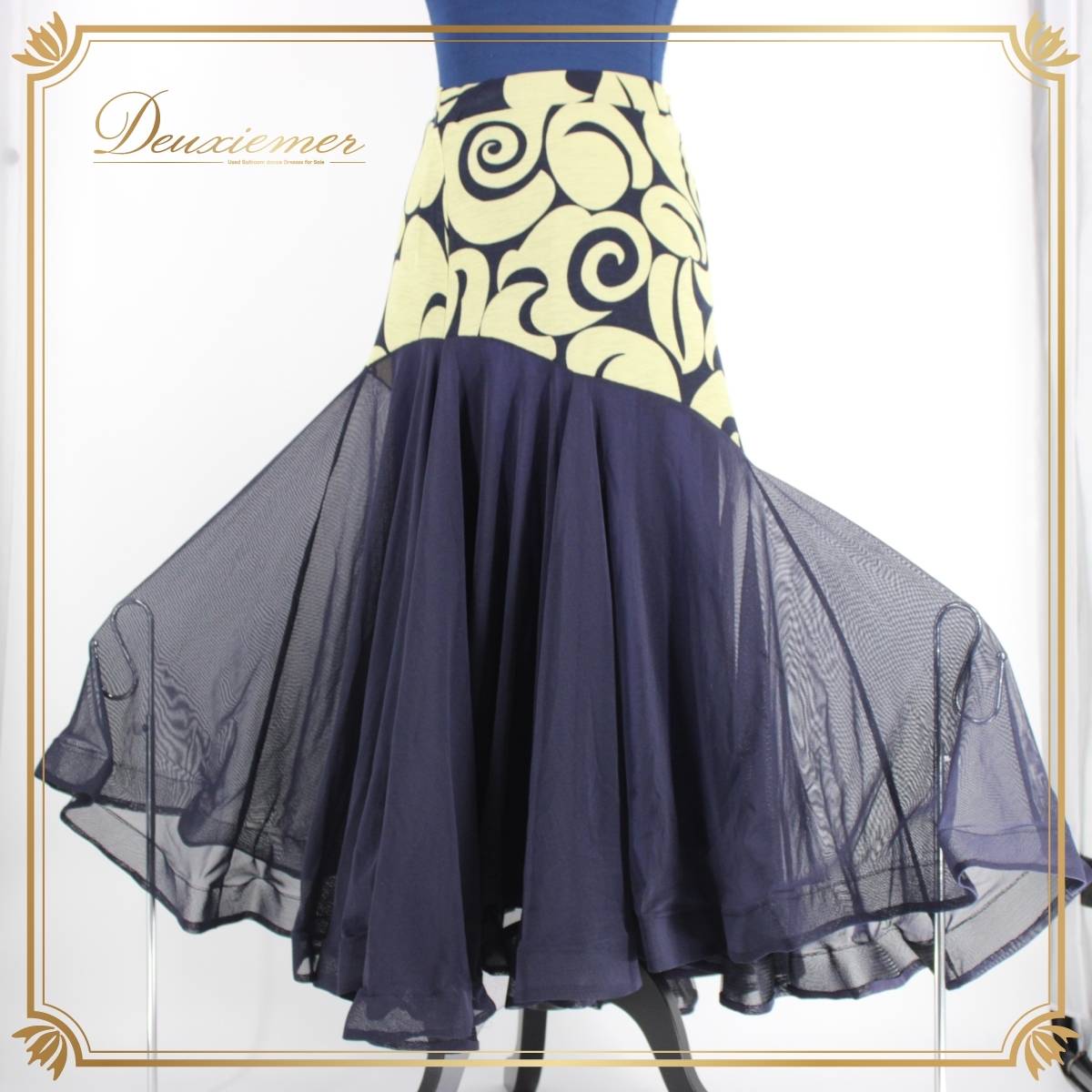 『送料無料』【社交ダンス衣装】ブルー系 ブラック系 ネイビー 紺 ICHIOKU イチオク スカート レッスン パーティー バイカラー レース拍卖