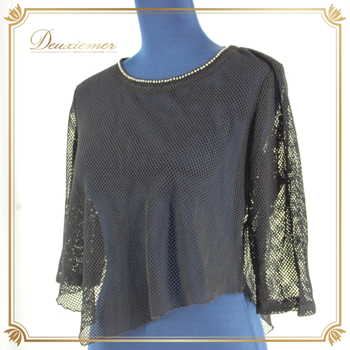 『送料無料』【美品 社交ダンス衣装】ブラック系 黒 トップス レッスン パーティー 無地 シンプル レース ラインストーン 長袖 上品 シック拍卖