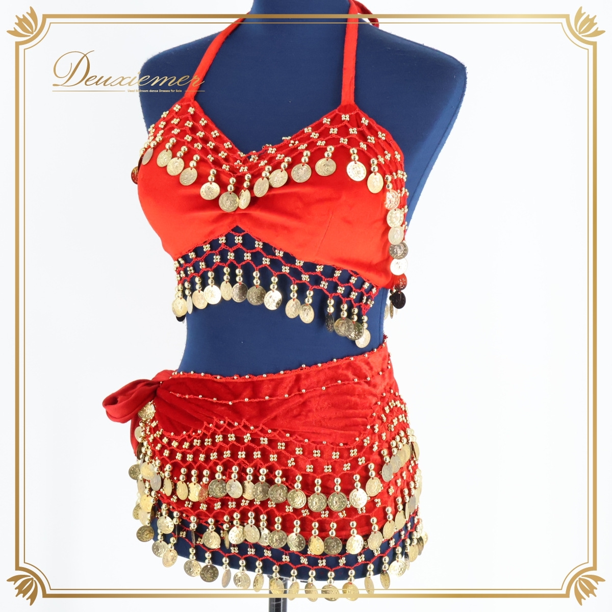 『送料無料』【ベリーダンス用 オリエンタル衣装】レッド系 ゴールドコイン ラメ ビーズ 装飾 赤 ベロア生地 2点セット 鮮やか オシャレ拍卖