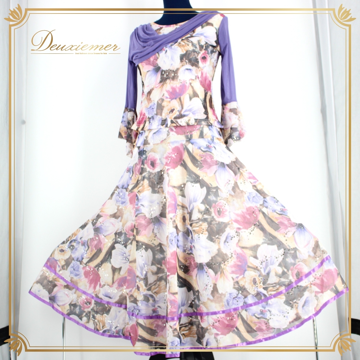 社交ダンス 衣装 スタンダード セットアップ 上下セット レッスン パーティー 花柄 ホワイト系 白 パープル系 紫 ICHIOKU イチオク拍卖