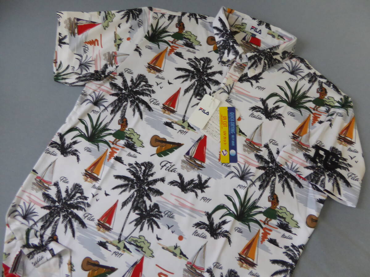 FILA GOLF フィラ ゴルフ 南国 ハワイ リゾート アロハ柄 吸汗速乾 UVカット ストレッチ ボタンダウン半袖ポロシャツ 3L 白 ②拍卖