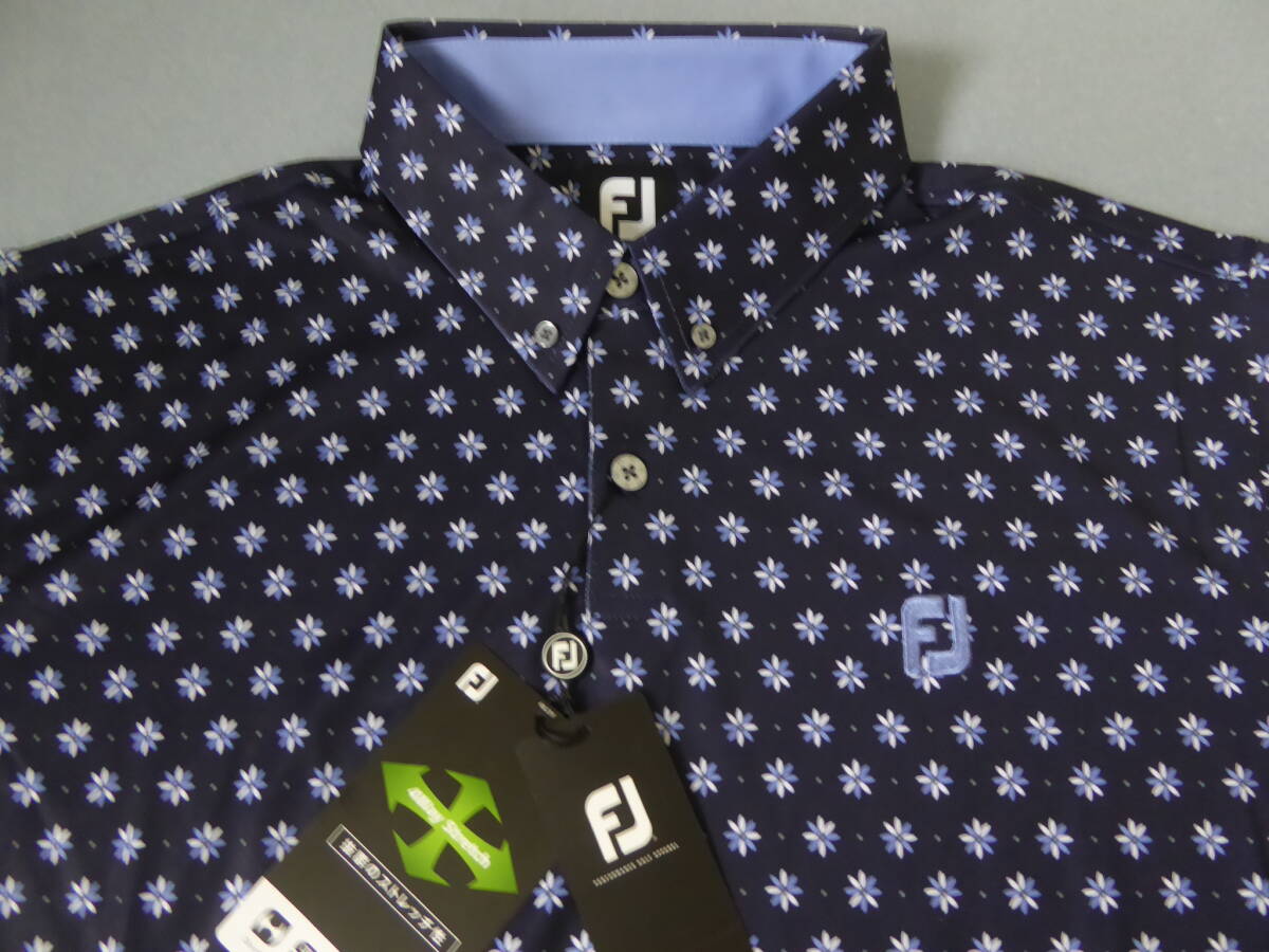 FOOTJOY GOLF フットジョイ ゴルフ ロゴ刺繍 フラワープリント総柄 ボタンダウン長袖ポロシャツ XXL 紺 ①拍卖