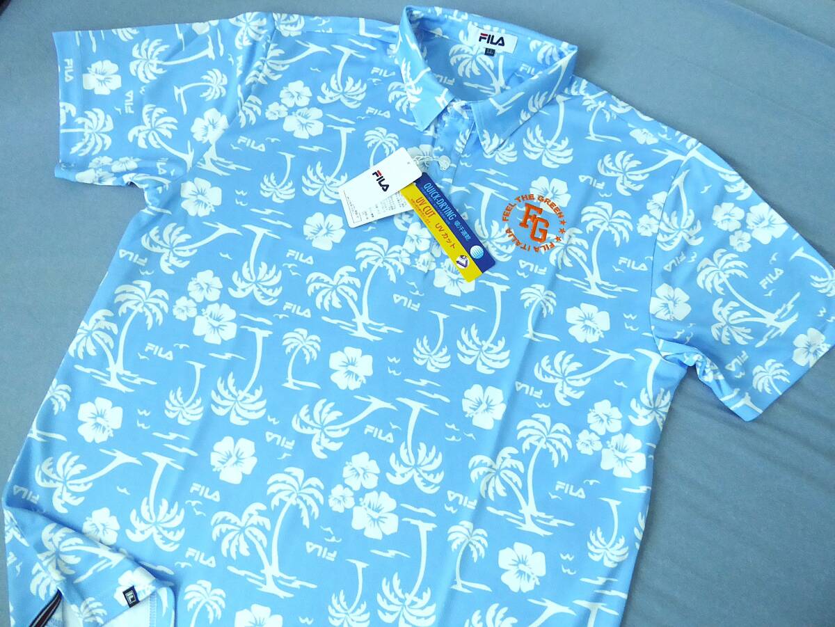 FILA GOLF フィラ ゴルフ 南国 ハワイ リゾート アロハ柄 吸汗速乾 UVカット ストレッチ 半袖ポロシャツ LL ライトブルー ②拍卖