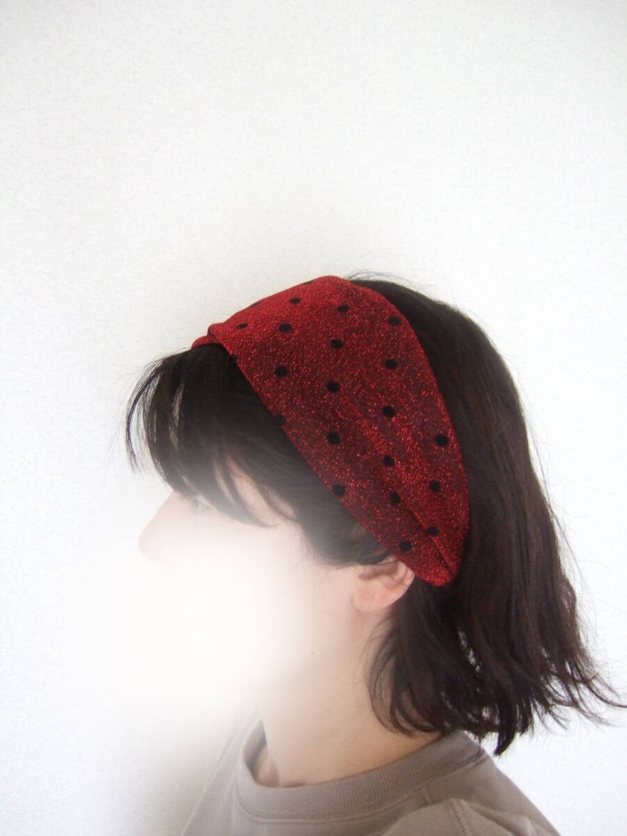 即決★ハンドメイド 特別な日に★ラメがきれいな ワインレッド*黒ドットラメニット ゆるターバン** 夜の光に映えます拍卖