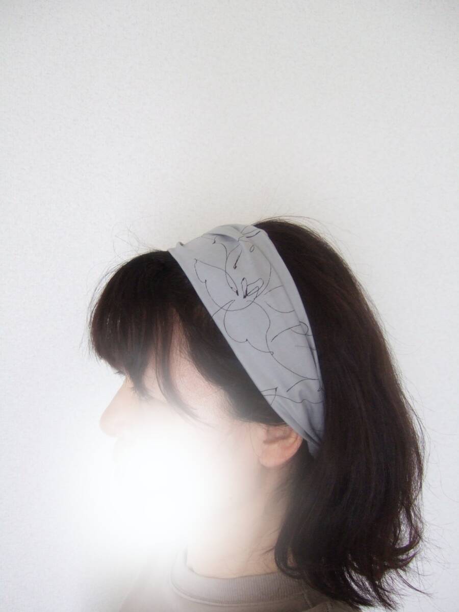 ★即決★ハンドメイド 大人柄 グレー手書き風綿ローン薄手コットンのゆるターバン**ヘアバンド スイッチターバン コーデのアクセントに拍卖