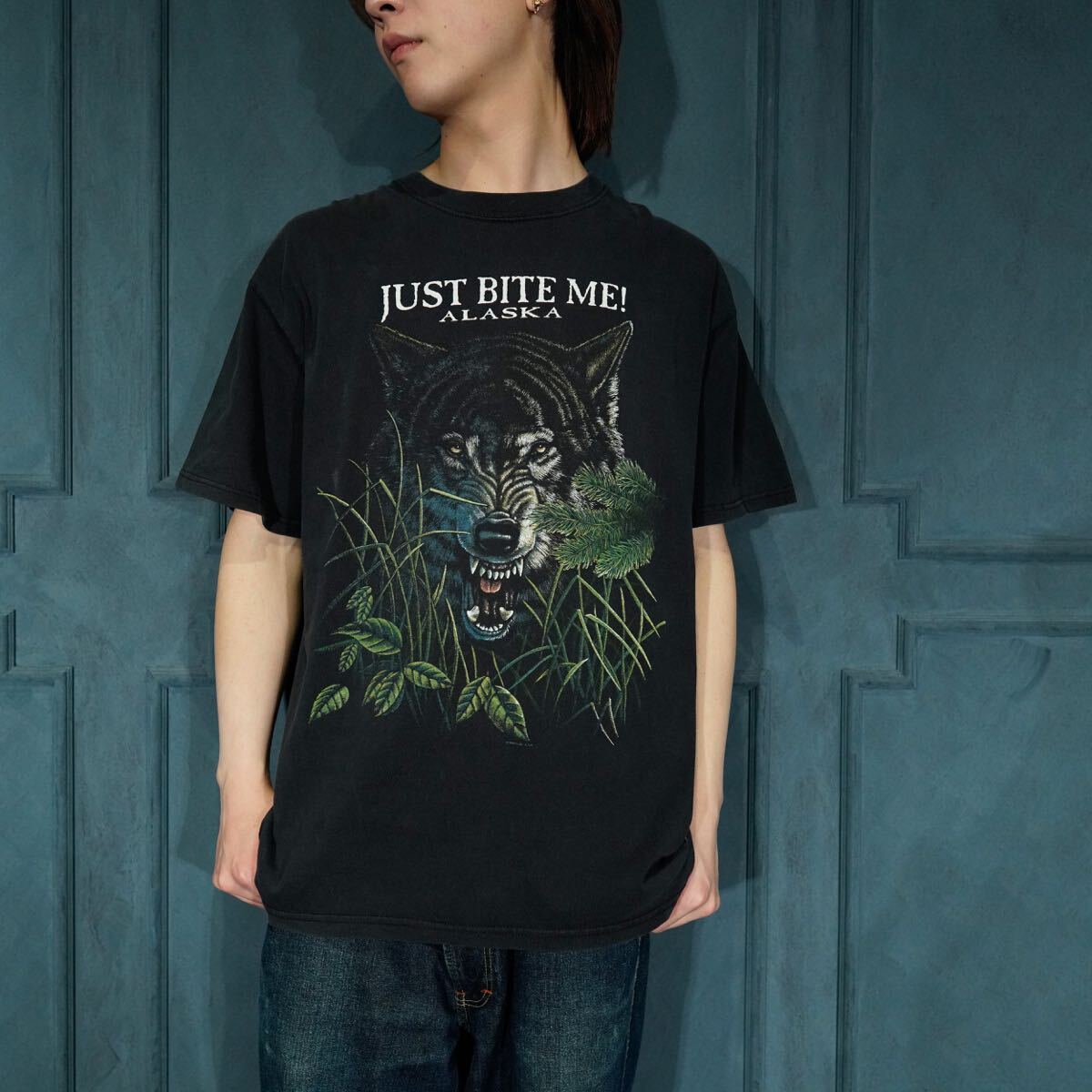 90's~USA VINTAGE anvil WOLF PRINT DESIGN T SHIRT/90年代~アメリカ古着オオカミプリントデザインTシャツ拍卖