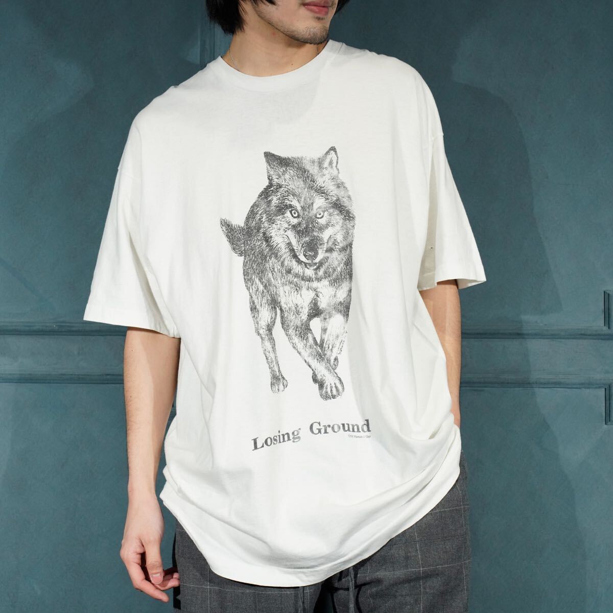 90's~ USA VINTAGE Losing Ground WOLF PRINT DESIGN T SHIRT/90年代アメリカ古着オオカミプリントデザインTシャツ拍卖