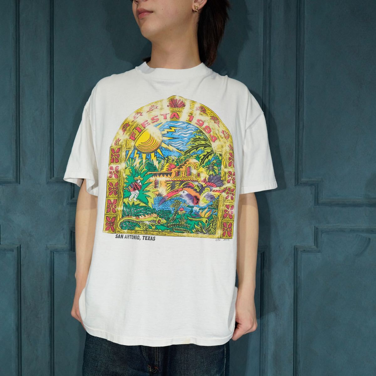 90's USA VINTAGE DELTA SAN ANTONIO FIESTA TEXAS 1994 PRINT DESIGN T SHIRT/90年代アメリカ古着プリントデザインTシャツ拍卖