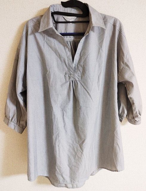 Lサイズ THEORIA セオリア 七分袖 ブラウス スキッパーシャツ ロールアップ グレー系 拍卖