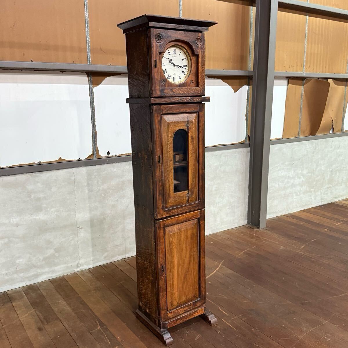 H15K58 ホールクロック 蝶契り クォーツ 時計付きキャビネット 彫刻 収納棚付き 動作確認済み アンティーク調 拍卖