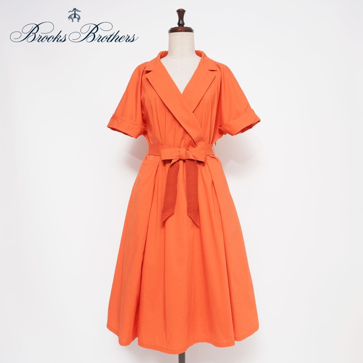 Brooks Brothers ブルックスブラザーズ カシュクール 開襟シャツワンピース 半袖 ウエストベルト レディース オレンジ サイズ6*ED48拍卖