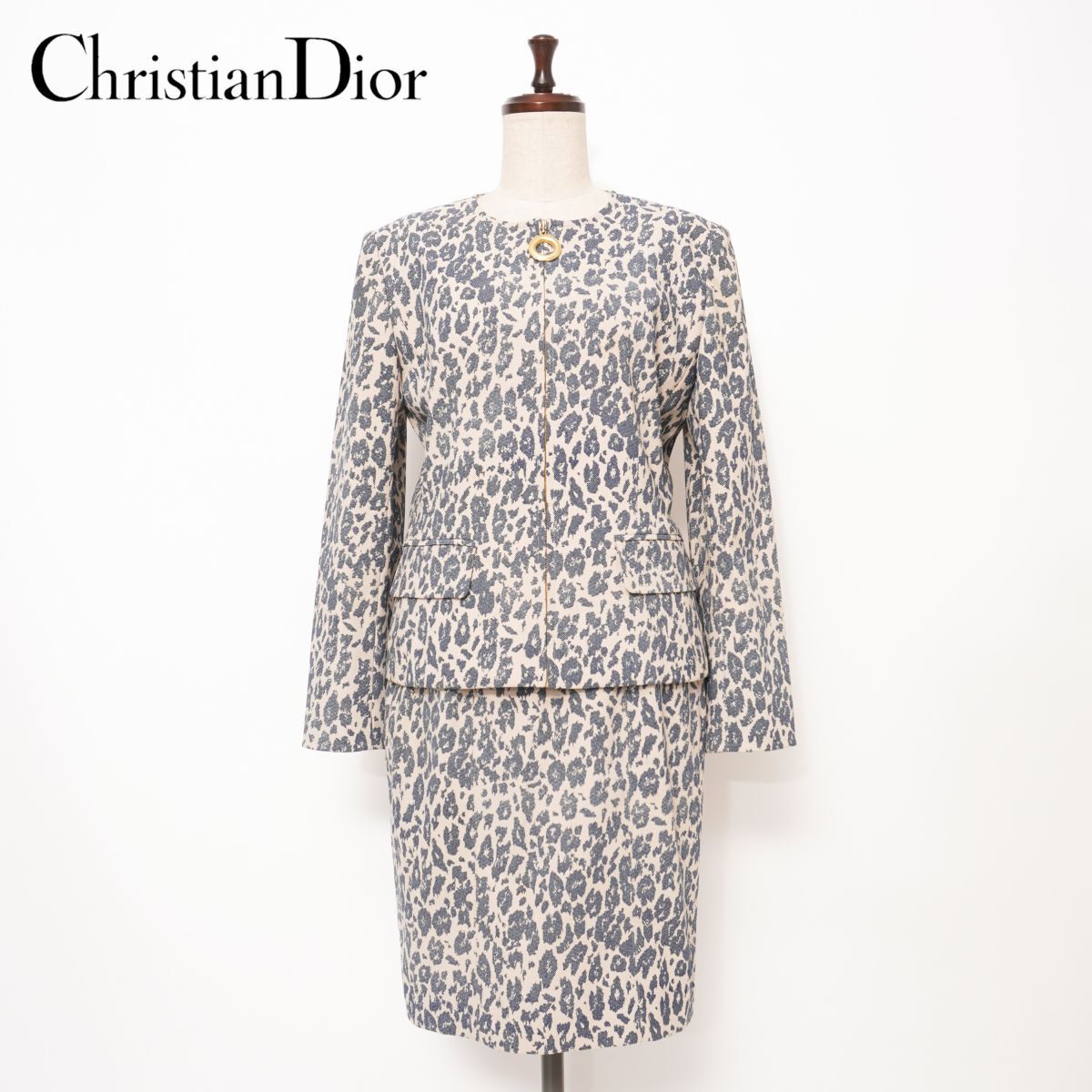 美品 Miss Dior ミスディオール 総柄セットアップスーツ ノーカラージャケット タイトスカート ミモレ丈 金属金具 ブルー系 サイズL*ED1195拍卖