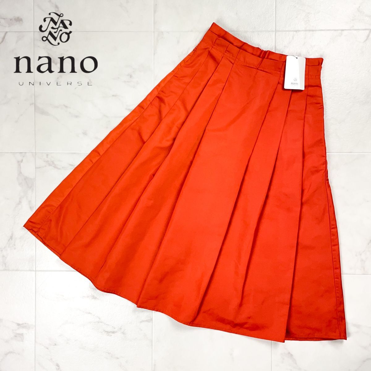 下げ札付 nano UNIVERSE ナノユニバース グログランタックスカート フレア プリーツ ミモレ丈 オレンジ サイズ36*ED169拍卖