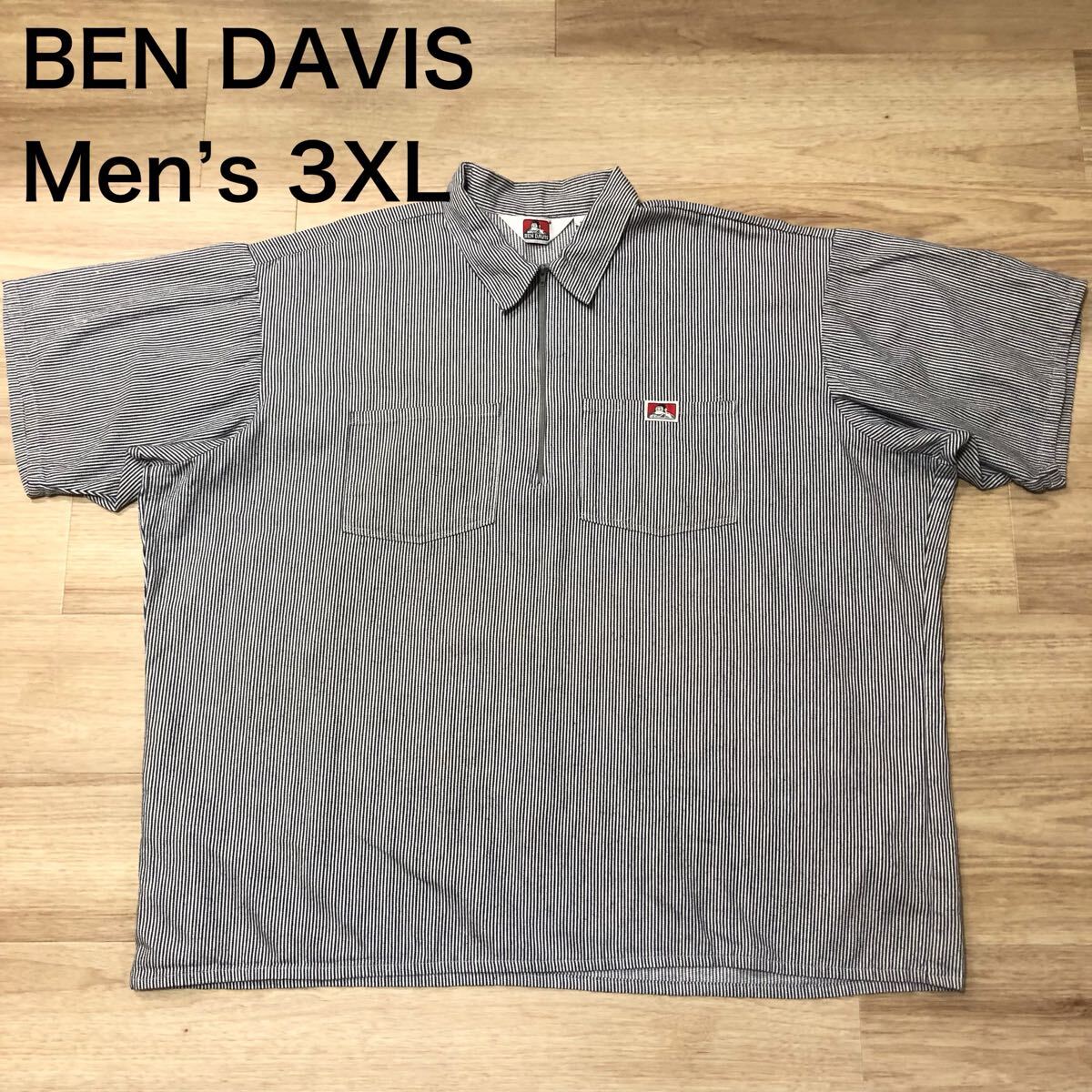 【送料無料】USA製BEN DAVISハーフシップ半袖ワークシャツ 白ネイビーヒッコリーストライプ柄 メンズ3XLサイズ 半袖シャツベンデイビス拍卖