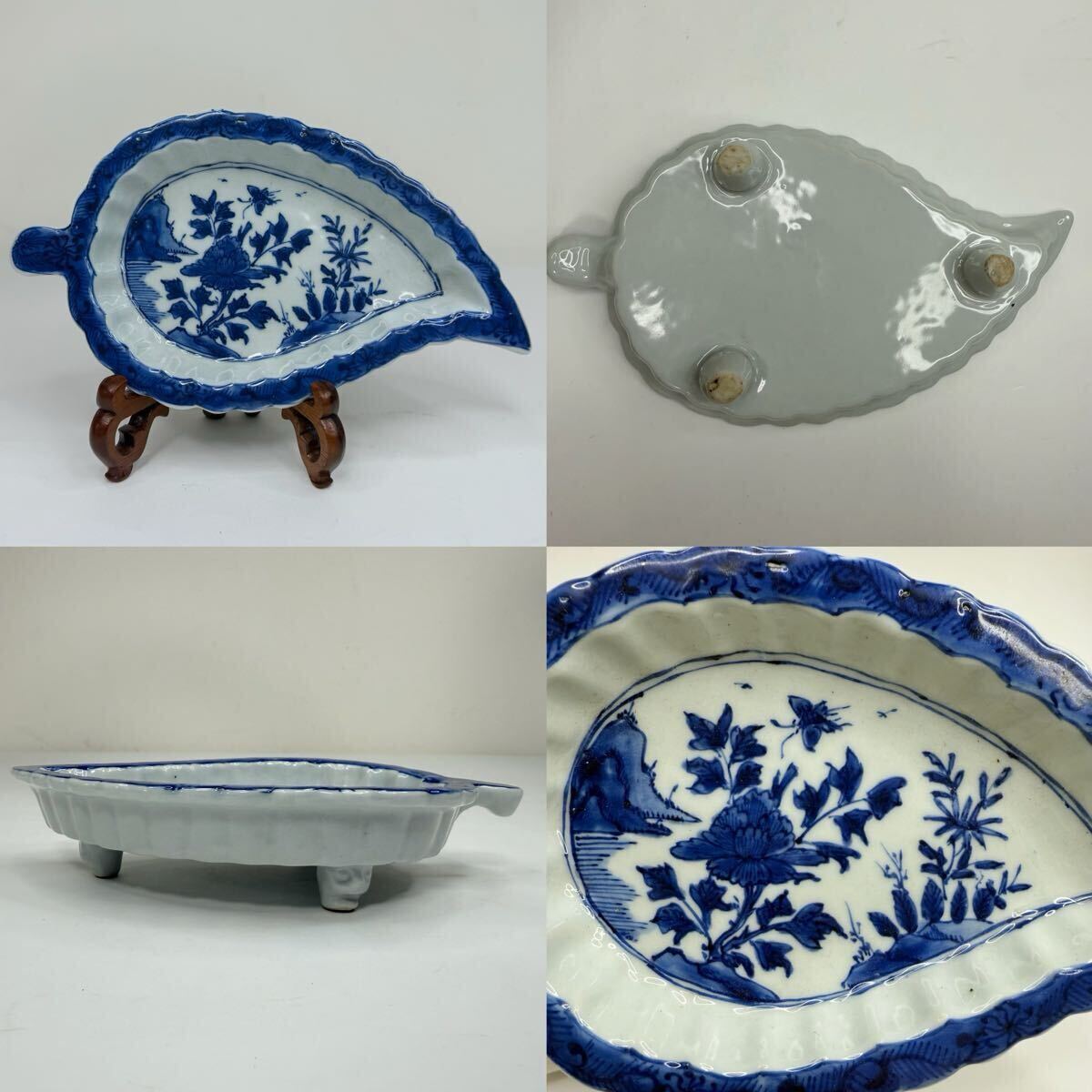 RR-中国古美術 時代物 染付 古染付 葉型 花草図 飾り皿 皿 三足 唐物 陶磁器 中国古玩 骨董品拍卖