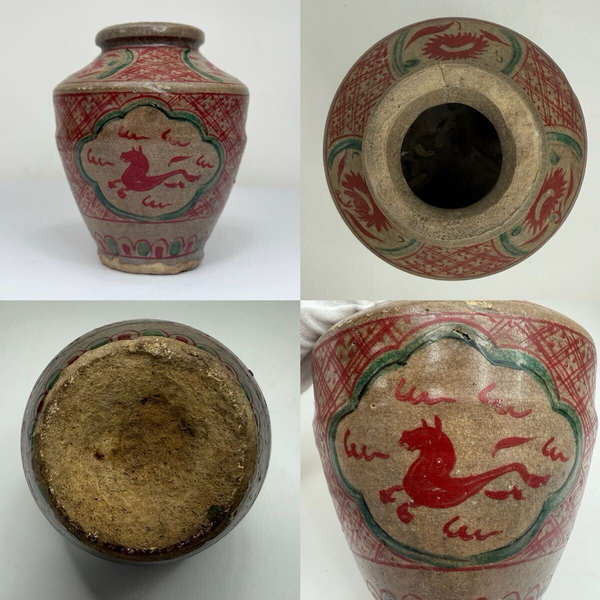 X-中国古美術 時代物 壺 花生 花入 呉須赤絵 馬図 花器 花瓶 唐物 陶磁器 中国古玩 骨董品拍卖