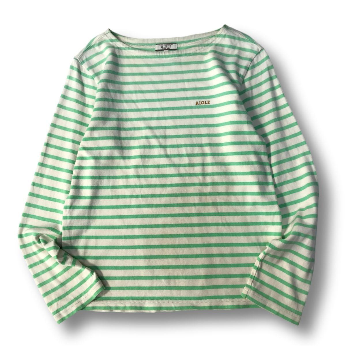 《良品◎》AIGLE エーグル★ボーダー*ワンポイント*長袖Tシャツ*カットソー*ライトグリーン/オフホワイト*サイズXS(MA8813)◆S60拍卖