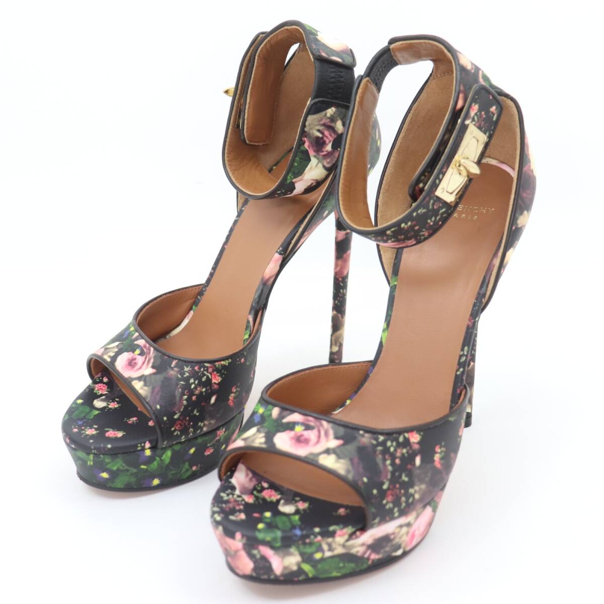 ITM4FLQ9YCEC 即決 本物 GIVENCHY ジバンシー サンダル フラワー 花柄 アンクルストラップ オープントゥ レザー ブラック レディース 37拍卖