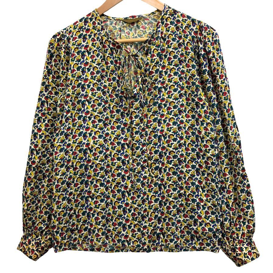 美品◆長袖シャツ イヴ サンローラン ブラウス 総柄 シルク デザイン 長袖 カットソー マルチカラー レディース サイズ34 【AFB6】拍卖
