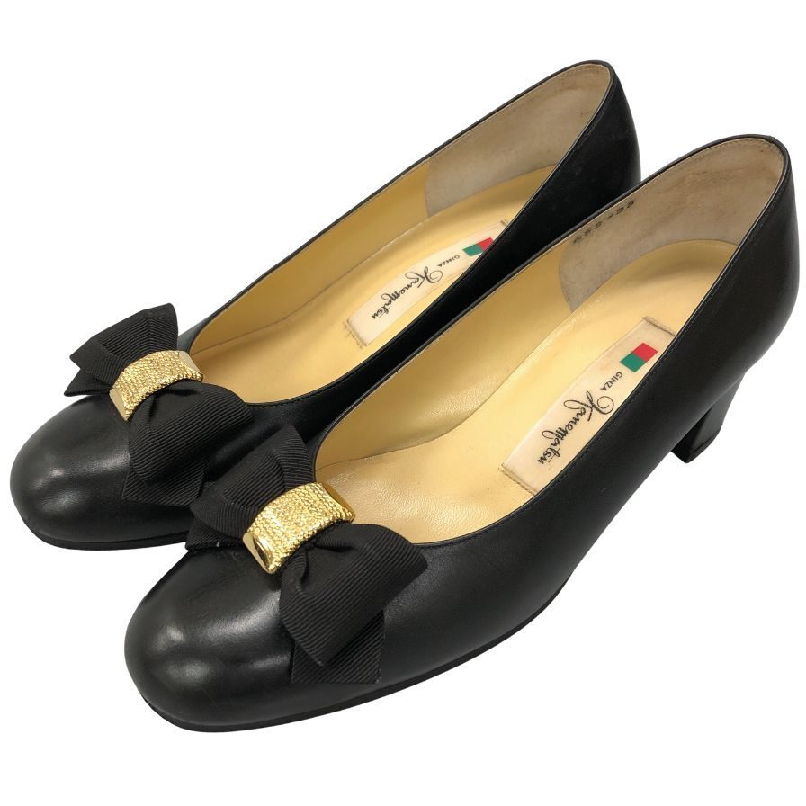 銀座かねまつ パンプス ヒール レザー リボン デザイン ブラック ゴールド レディース サイズ23 Ginza Kanematsu 約23.0cm【AFC45】拍卖