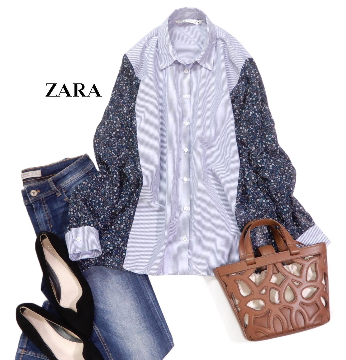 ザラ ZARA 大人素敵スタイル☆ 異素材切り替え ストライプ シアー花柄 デザイン シャツ XS拍卖