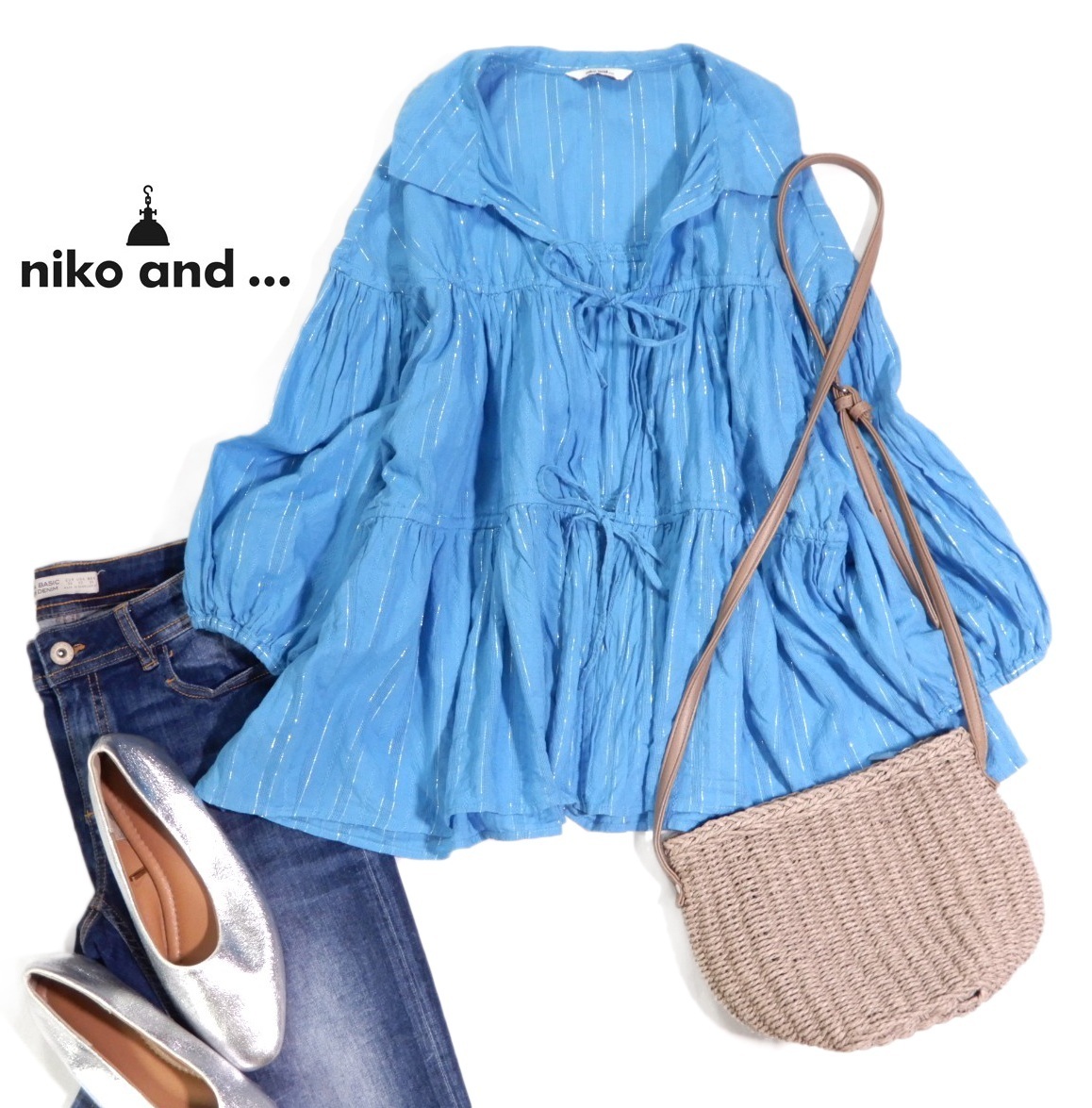 ニコアンド niko and… キレイ色☆ 大人可愛い ラメストライプ ギャザー ティアード シャツ カーディガン 羽織 F拍卖