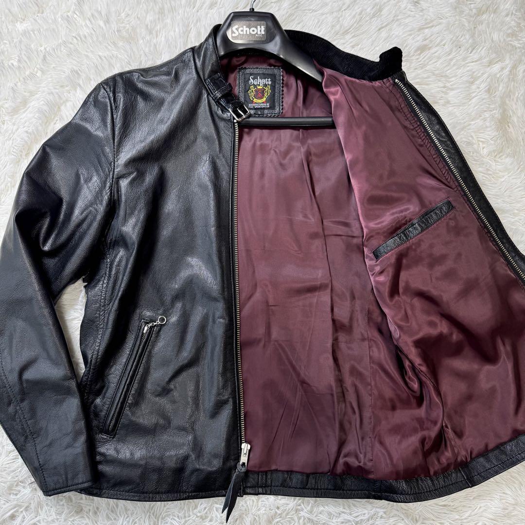 美品/希少/Lサイズ◎schott ライダースジャケット シングル ブラック 黒 やぎ革 ゴートレザー ショット 3131037 裏地赤拍卖