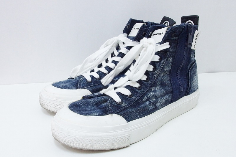 DIESEL ディーゼル ダメージ加工 デニム サイドジップ ハイカット スニーカー ・24.5cm拍卖